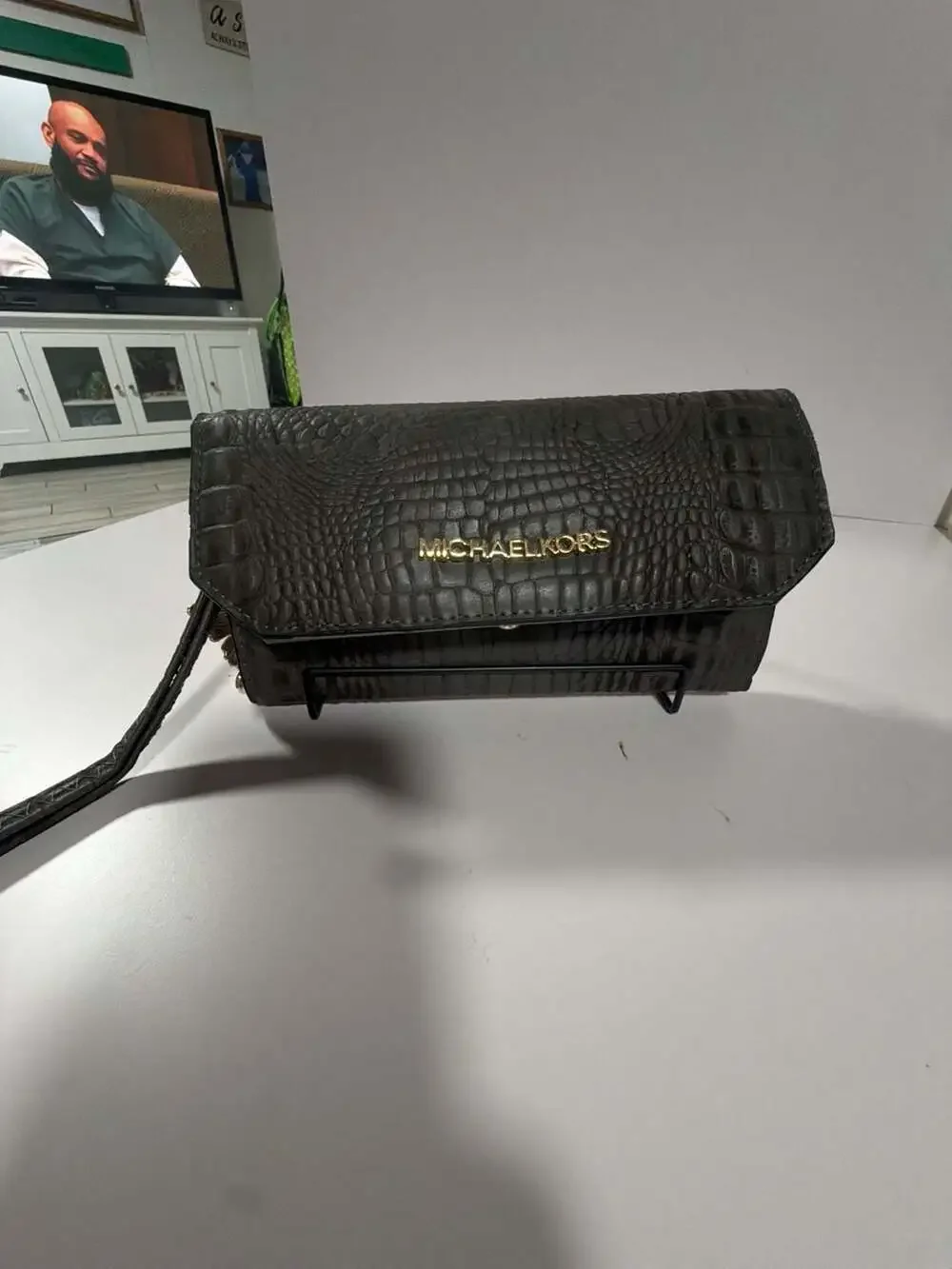 Michael Kors Croc-Embossed Leather Envelope Clutch with Wristlet Strap